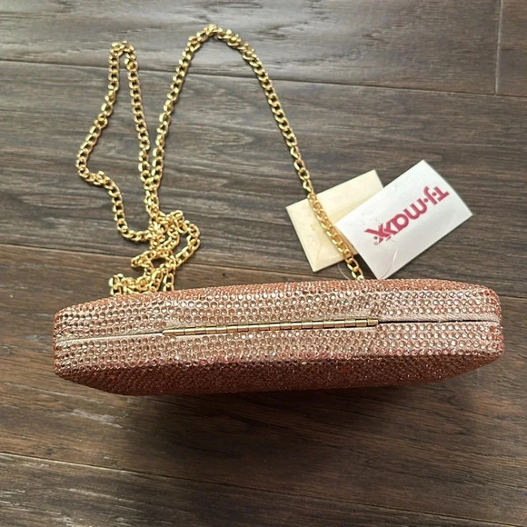 Rose Gold Rhinestone evening bag/clutch removable gold chain,rectangle-bevel cut - Picture 8 of 12